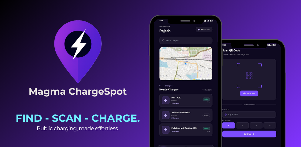 Magma ChargeSpot app - find, scan, charge. Screens showing nearby chargers on a map and the QR scan screen.